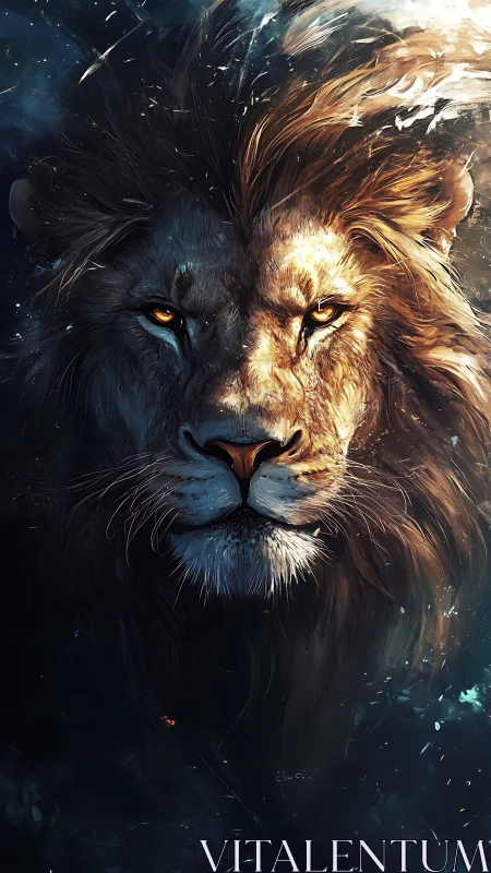 Majestic lion&rsquo;s burning gaze cuts through swirling cosmic night