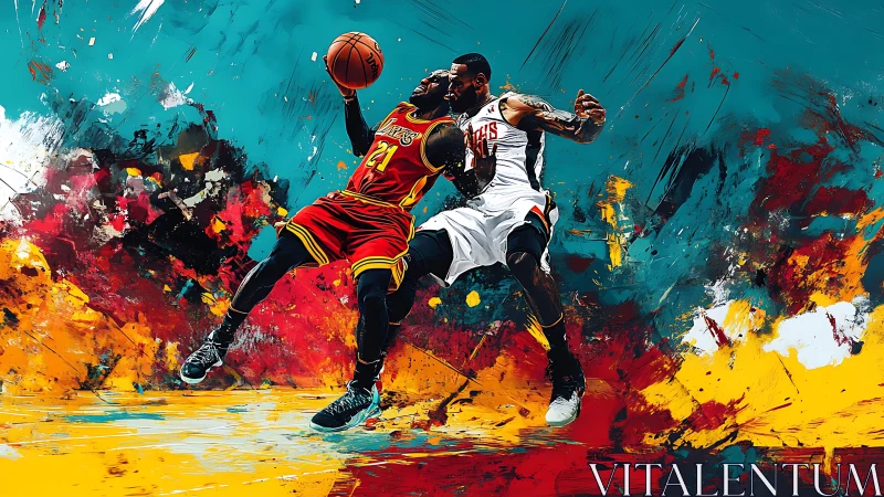 Dynamic basketball duel rendered with high-energy abstract brushwork