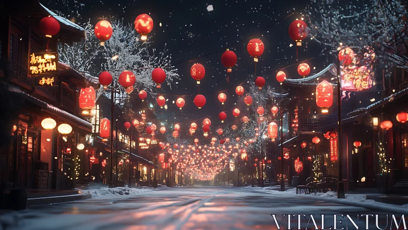 Snow covered street with red lanterns in traditional district.