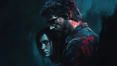 Worn survivors sharing a fragile, hard‑won moment of comfort.