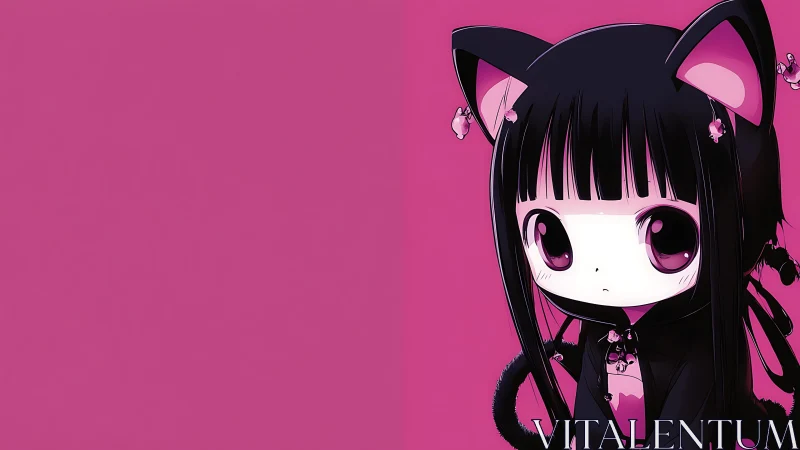 Chibi gothic catgirl portrait on saturated magenta field.