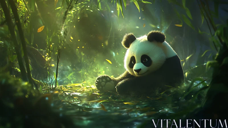 Forest-glow panda daydreams in a puddle of soft sunlight.