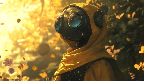 Robot in yellow cloak stands in glowing autumn forest