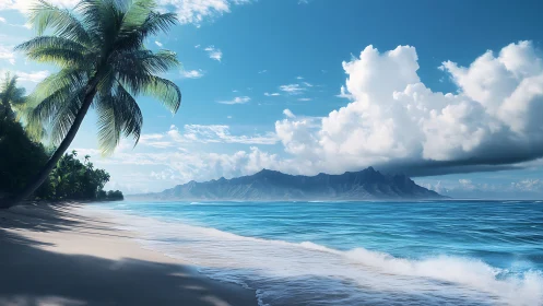 Tropical coastal landscape with distant volcanic island formation.