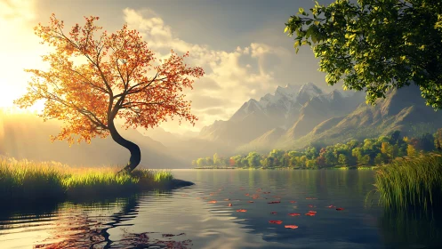 Curved autumn tree beside a serene sunlit mountain lake.
