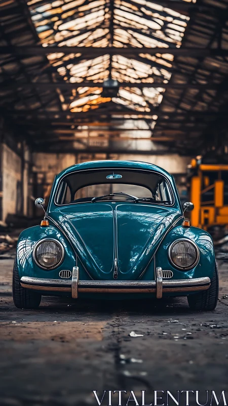 Teal vintage Beetle dreams under a rusted factory roof.