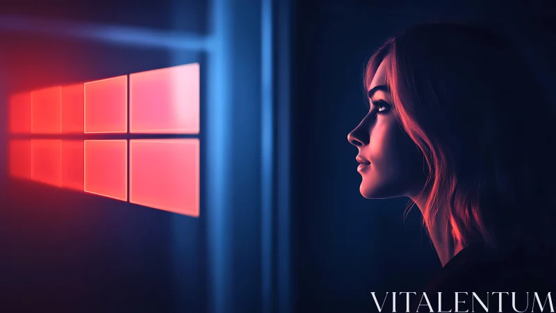 Side profile of woman facing illuminated red screen grid.