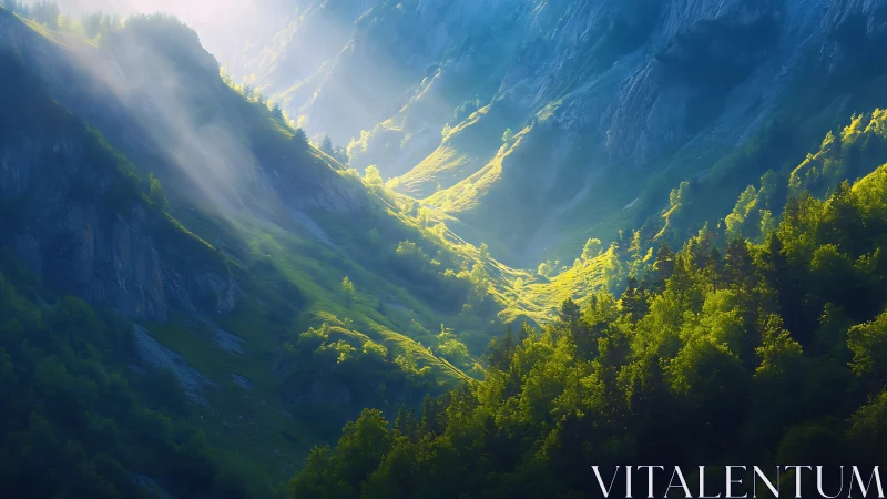 Sunlit valley cradle where emerald forests drink morning light.