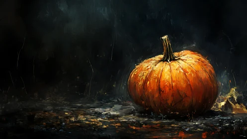 Single pumpkin rendered with dramatic chiaroscuro and textured strokes