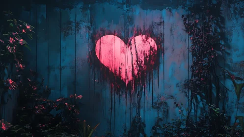 Neon Heart on Weathered Wall with Botanical Frame.