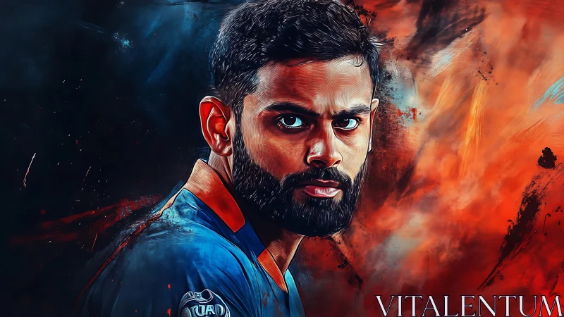 Storm-eyed cricket warrior framed by blazing abstract fire.