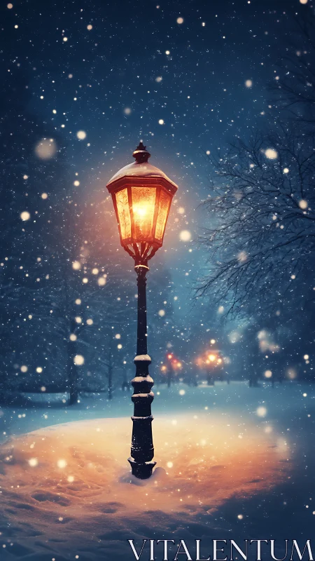 Photorealistic winter lamppost under falling snow at night.