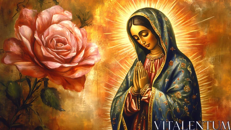 Marian iconography with radiant halo and rose on gold field.