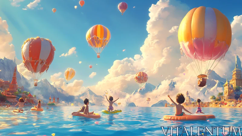 Children sail beneath radiant hot air balloons at sunrise.