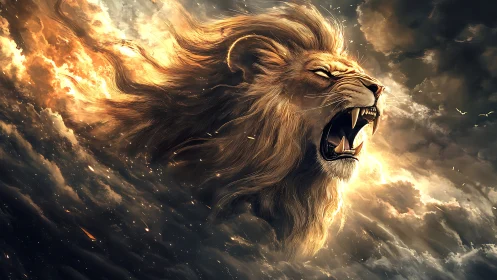 Celestial lion roars through stormlit clouds in golden fire.