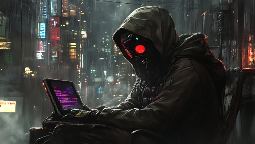Neon-eyed hacker broods in rainlit cyberpunk back alley.