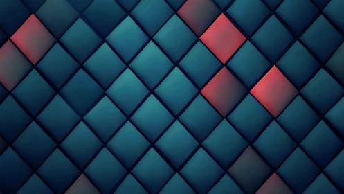 Geometric teal grid highlights vivid coral diamond accents.