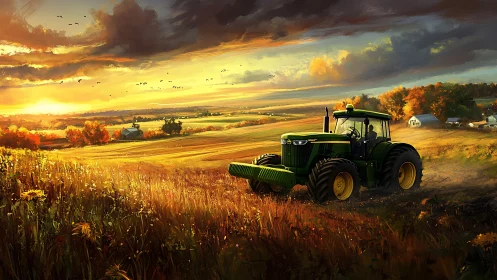 Golden farm sunset with a green tractor at gentle work.