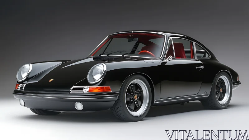 Sleek black classic sports car with bright red interior shine.