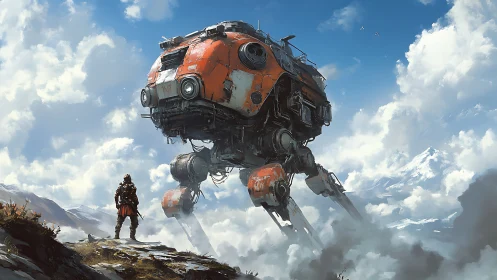 Colossal bipedal mech confronts lone explorer in alpine clouds