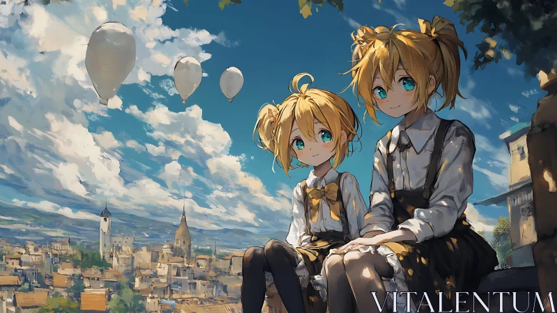Two anime girls above town with balloons and cloudy sky.