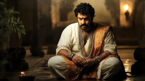 Regal mystic in golden silk resting in quiet candlelight.