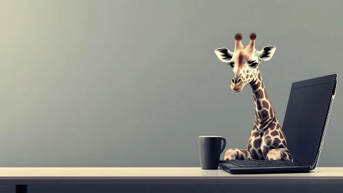 Remote work giraffe peeking curiously from sleek laptop.