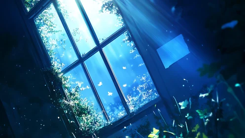 Gentle sunlight pours through a quiet ivy framed window