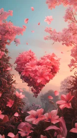 Floral Heart Formation with Pink Petals Suspended in Surreal Gradient Sky