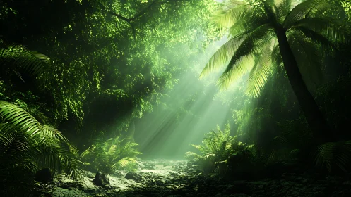 Sunlit rainforest clearing with dense foliage and palm fronds