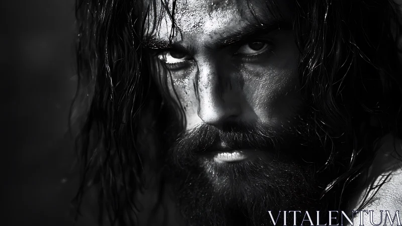 Storm-soaked warrior stare carved from shadow and grit.