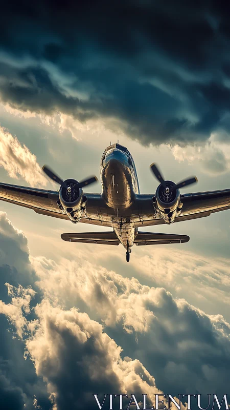 Twin‑engine propeller aircraft viewed from below in clouds.