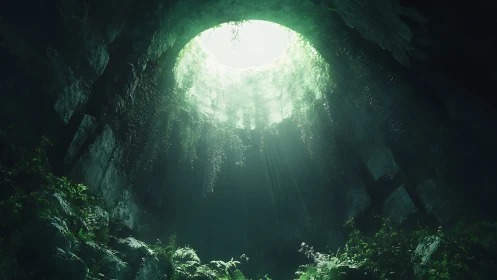 Sunlit sinkhole cavern with lush overgrown vegetation.