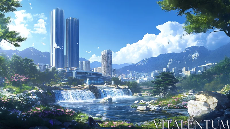 High-rise biophilic cityscape with terraced riverine waterfalls.