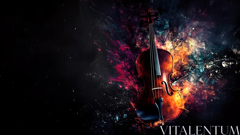 Violin centered in abstract burst of vivid color fields.