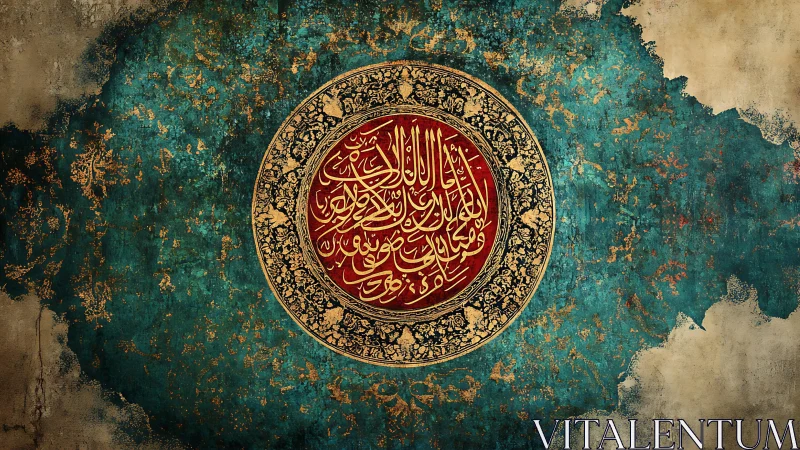 Circular Arabic calligraphy occupies a central textured medallion