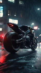 Hydrodynamic neon-lit superbike in nocturnal rainfall streetscape.