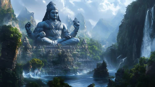Colossal seated deity statue amid misted river valley landscape.