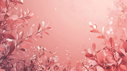 Soft pink foliage branches on pastel blurred background.