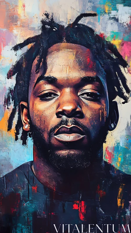 Textured portrait of man with dreadlocks on abstract ground.