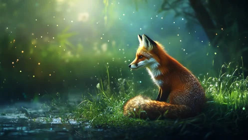 Red fox rendered in luminous forest bokeh digital painting