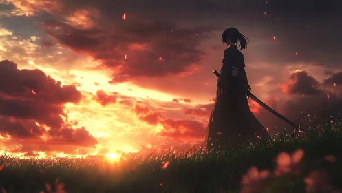 Sunset warrior stands quietly in a glowing, windlit field