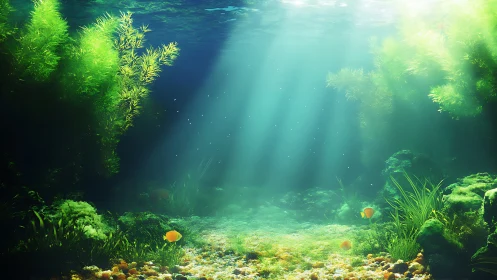 Sunlit kelp cathedral and drifting goldfish pilgrims.