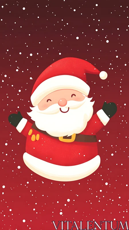 Minimalist Santa illustration on red snowy background.
