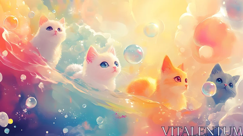 Celestial Felines: Four Cats Surfing Iridescent Dreamstreams.