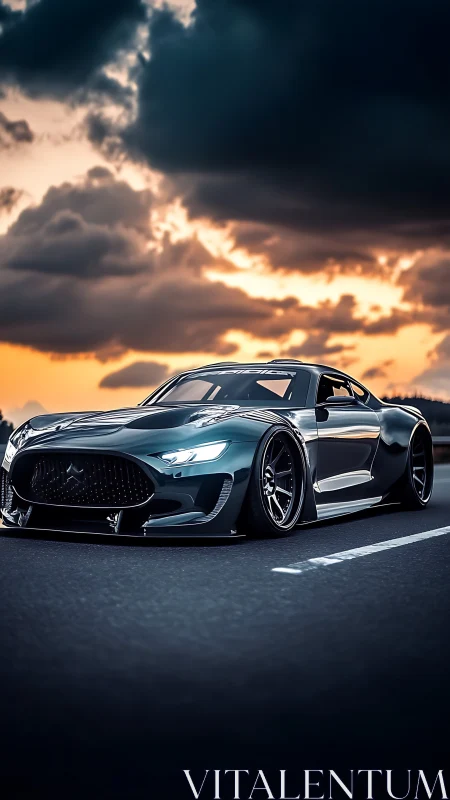 Photorealistic hypercar profile under dramatic sunset sky.