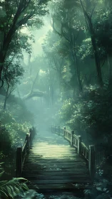 Misty Forest Bridge Path Through Ancient Trees.