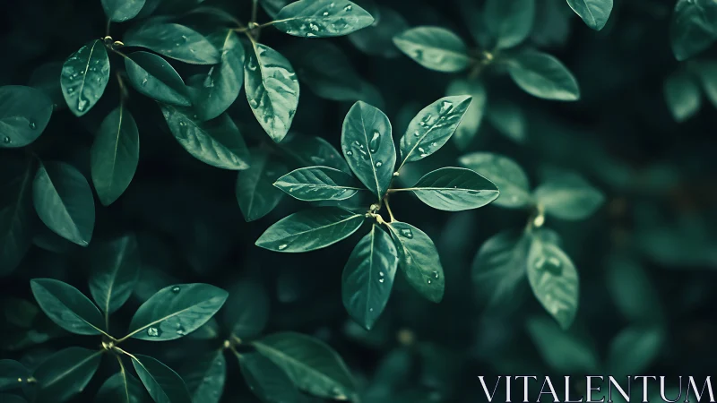 Rain-kissed green leaves in soft cinematic focus.