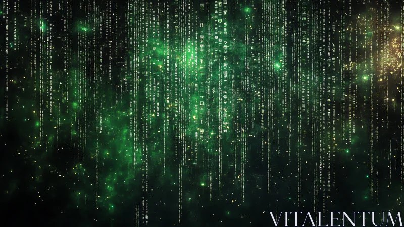 Vertically cascading green code streams form a deep cyber grid