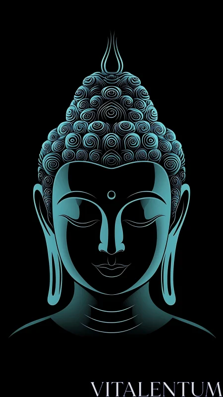 Neon turquoise Buddha portrait on solid black background.